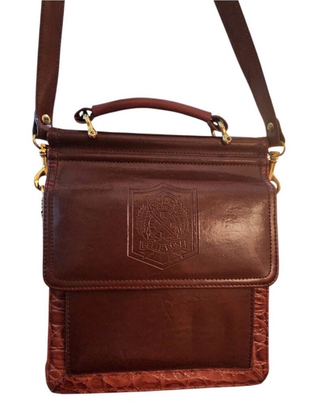 Bella Rose Closet Brown Leather Crossbody with Embossed Crest